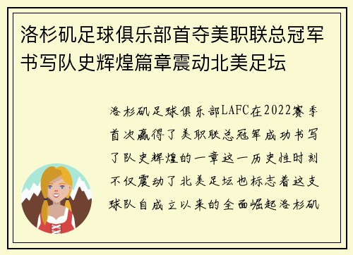 洛杉矶足球俱乐部首夺美职联总冠军书写队史辉煌篇章震动北美足坛 洛杉矶足球俱乐部首夺美职联总冠军书写队史辉煌篇章震动北美足坛